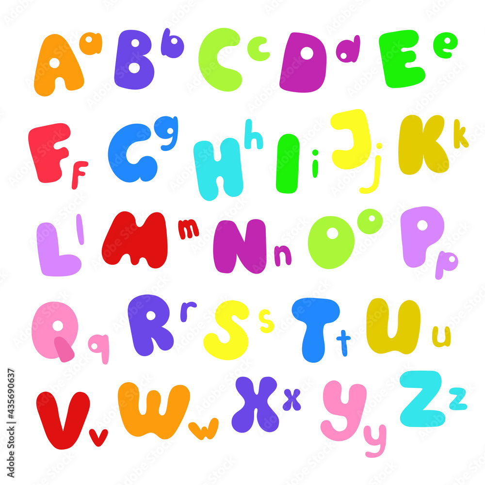 Letters of English alphabet capital and small of different bright colors, cartoon style hand drawn abc set vector illustration, cute funny decorative lettering