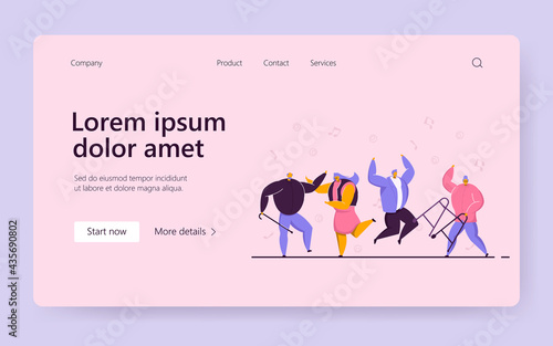 Group of happy old people jumping and dancing. Elders having fun to music, aged men and women at party flat vector illustration. Dance club concept for banner, website design or landing web page