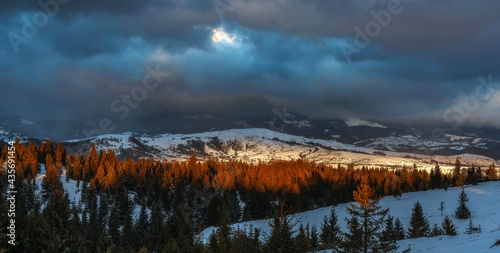 Sunrise in the mountains, yellow sun-rays projected on the forest and the ground 