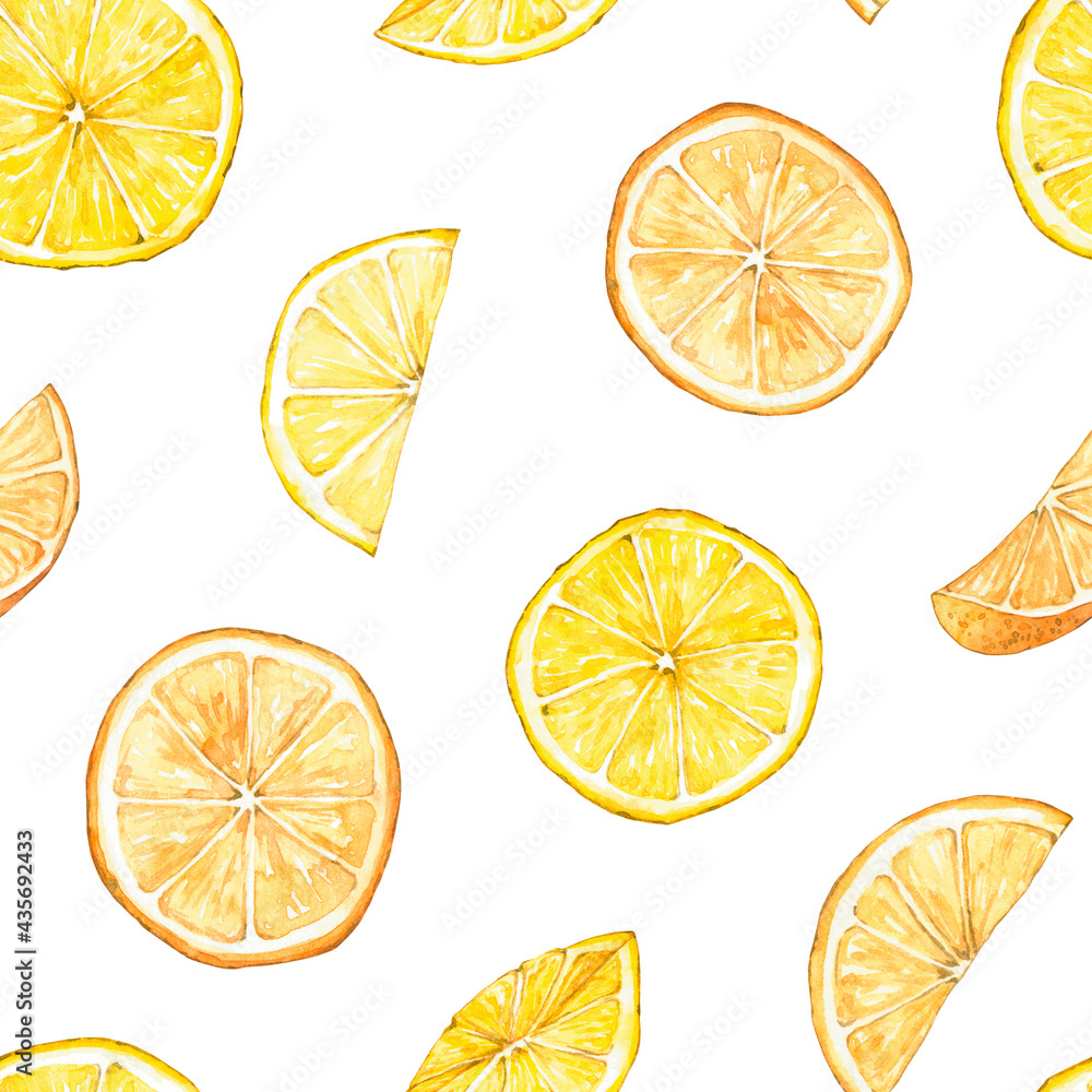 Seamless pattern with watercolor lemon and orange slices. Hand drawn illustration is isolated on white. Bright ornament is perfect for natural design, wallpaper, linens, fabric textile, scrapbooking