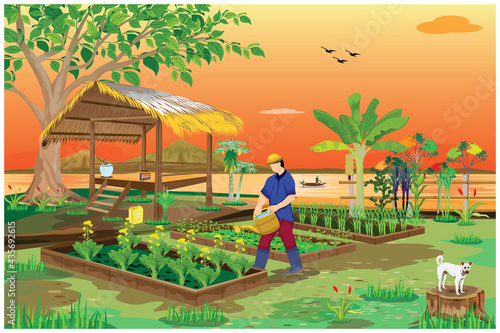  agriculturist watering into vegetable at countryside vector design