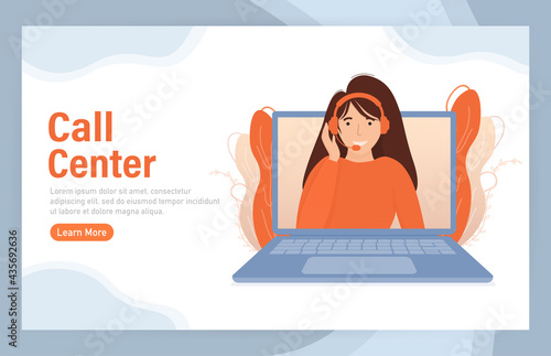 Call center, hotline flat vector illustrations. Smiling office workers with headsets cartoon characters. Character with headphones and microphone with laptop.