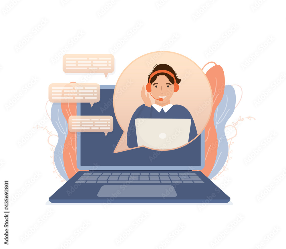 Call center, hotline flat vector illustrations. Smiling office workers with headsets cartoon characters. Character with headphones and microphone with laptop. Call center, hotline flat vector illustrations. Smiling office workers with headsets cartoon characters. Character with headphones and microphone with laptop.