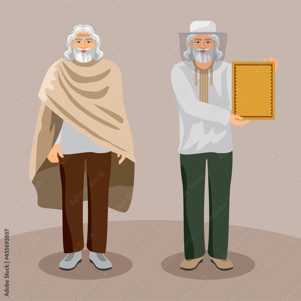 Elderly bearded man in modern clothes. Beekeeper with a honeycomb in his hands. Two characters on a background. Grandpa
