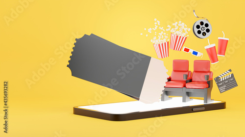 3d render of cinema ticket popup from smartphone with Booking tickets onling for product display photo