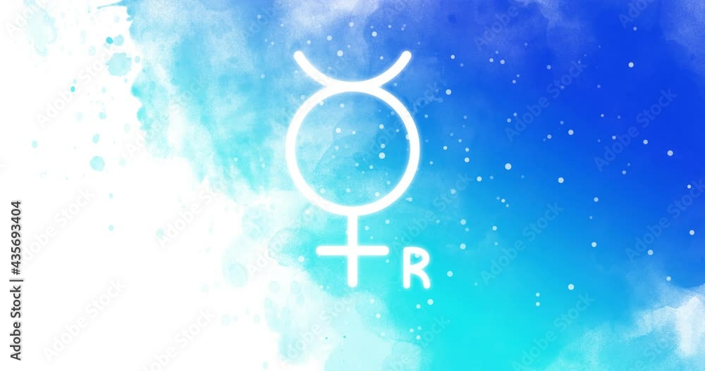 Astrological sign Retro Mercury and Mercury on the watercolor blue background. Looped animation changes after 7 seconds. Astrological sign Retro Mercury and Mercury on the watercolor blue background. Looped animation changes after 7 seconds.