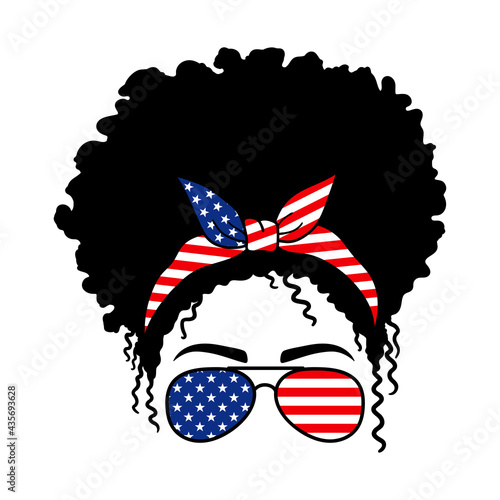 Afro women with aviator glasses bandana and USA Flag print. Messy Bun Mom Lifestyle. Vector illustration.  Isolated on white background. Good for posters, t shirts, postcards.