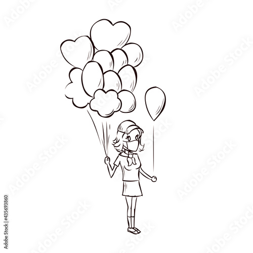 Balloon seller in the street. Work for a teenager. Teenager work on vacation. Hand drawn cartoon vector. Cartoon vector illustration.