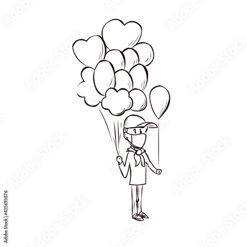 Balloon seller in the street. Work for a teenager. Teenager work on vacation. Hand drawn cartoon vector. Cartoon vector illustration.