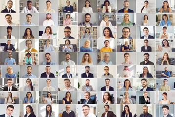 Collage of happy multicultural business people. Human face database. A collection of portraits of images of men and women in one image.Businesswoman and businessman collage.