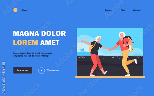 Aged people with bagpacks dancing together in meadow. Nature, trip. Flat vector illustration. Traveling concept can be used for presentations, banner, website design, landing web page