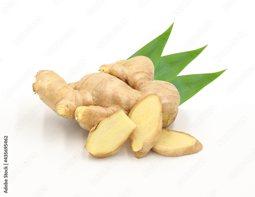 Fresh ginger with leaves isolated on white background Fresh ginger with leaves isolated on white background