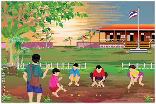 countryside boy play glass marble ball in front of school vector design