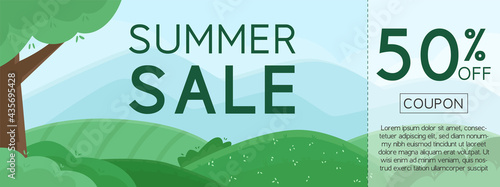 Summer sales brochure with landscape with green fields, mountains, trees and sky. Vector illustration.