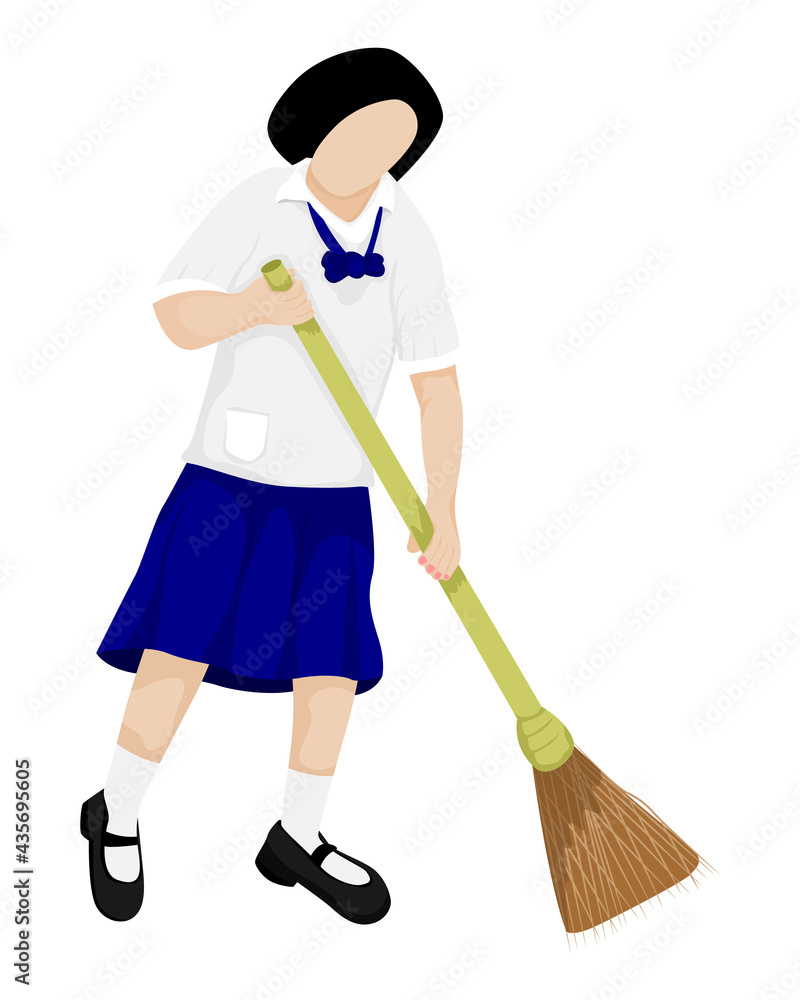 isolated girl student with Coconut Leaf Broom on white background vector design isolated girl student with Coconut Leaf Broom on white background vector design