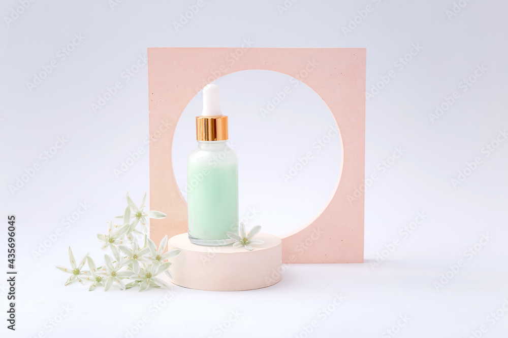 Natural cosmetic skincare bottle on light background. Natural beauty