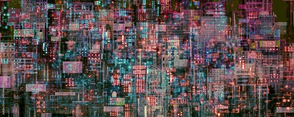 Fototapeta premium Futuristic city, surreal art, architecture painting, abstract of building, panorama