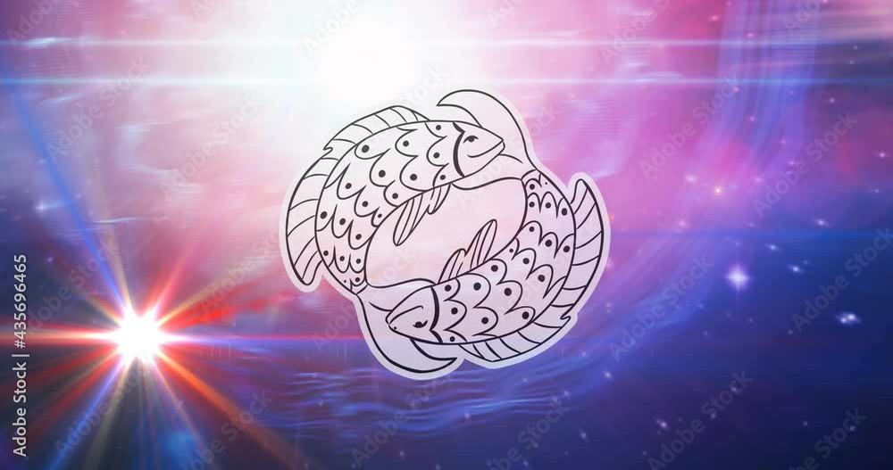 Animation of pisces star sign symbol over glowing stars Animation of pisces star sign symbol over glowing stars