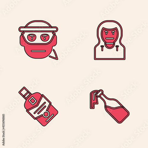 Set Cocktail molotov, Bandit, Thief mask and Whiskey bottle icon. Vector
