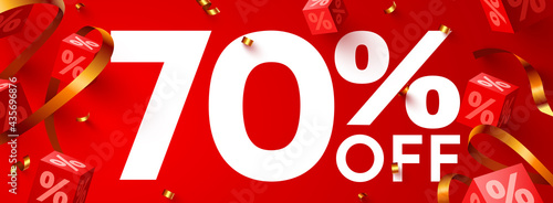 70 percent Off. Discount creative composition. 3d mega sale symbol with decorative objects. Sale banner and poster.