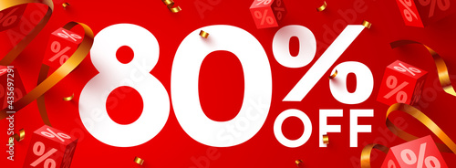80 percent Off. Discount creative composition. 3d mega sale symbol with decorative objects. Sale banner and poster.
