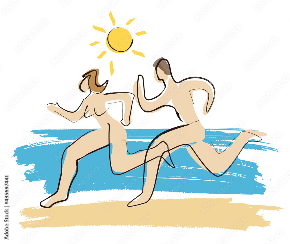 Nudists, running naked couple.
Stylized expressive illustration of man and woman running on a beach in summer. Vector available.