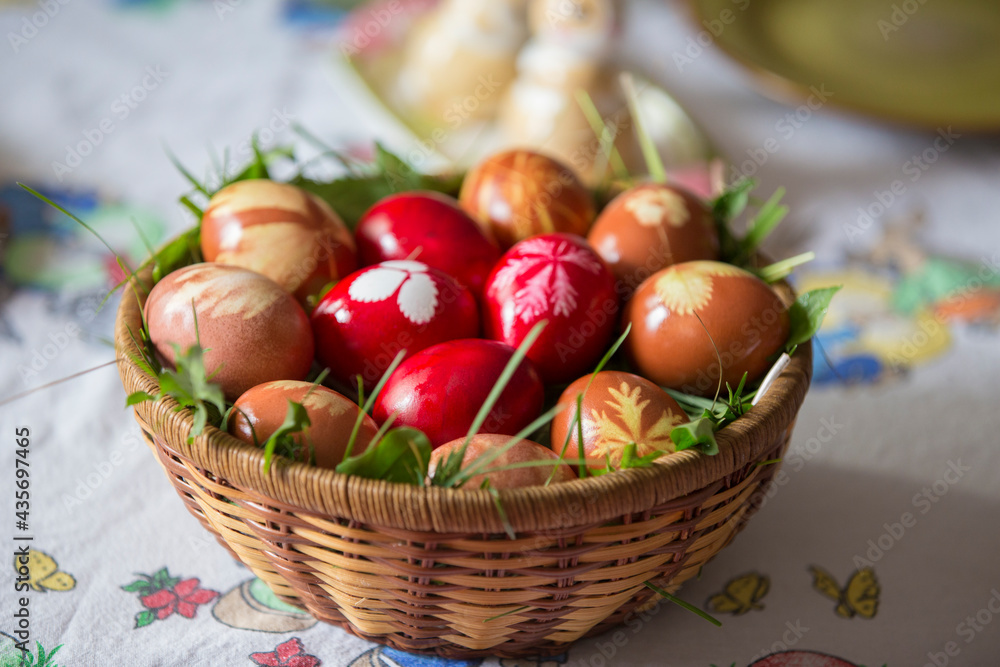 traditional Easter eggs and flowers