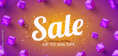 Great discount sale banner or poster design on bright background. Sale word composition with confetti.