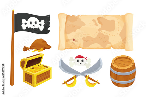 Pirate set with wooden barrel and treasure chest, black flag, bag with gold coins, cross swords and skull, parchment map in cartoon style isolated on white background. Icons, ui asset or decorations.