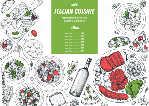 Italian Cuisine. Top view. Sketch illustration. Italian food. Design template. Hand drawn vector illustration. Black and white. Engraved style. Pasta and pizza, antipasto. Authentic dishes.
