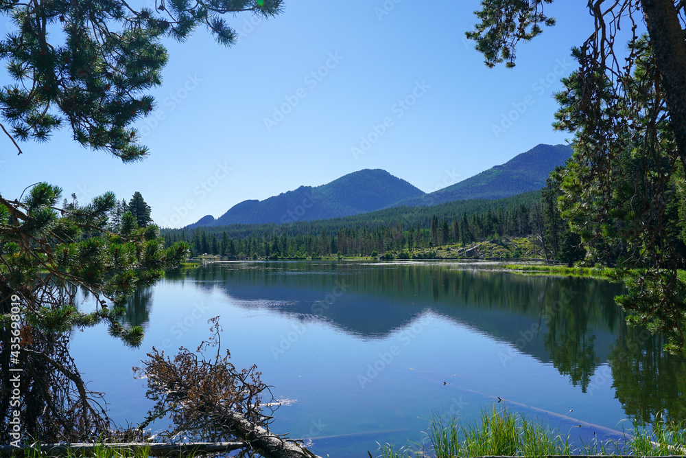 View of mountains and lake at Rocky Mountain National Park, Colorado, USA