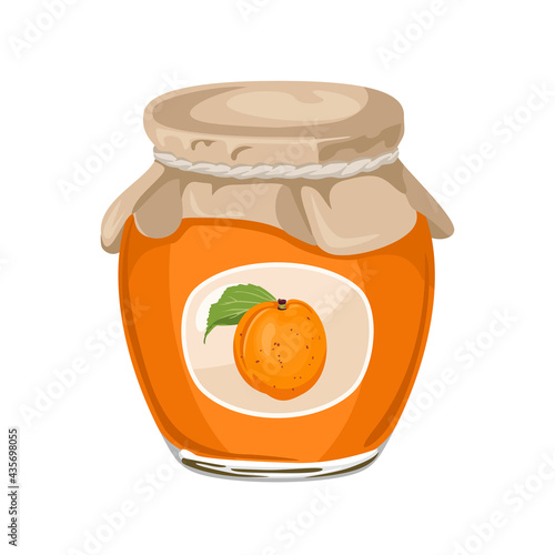 Apricot jam in lass jar isolated on  white background. Vector illustration of homemade sweets in cartoon flat style. Food icon.