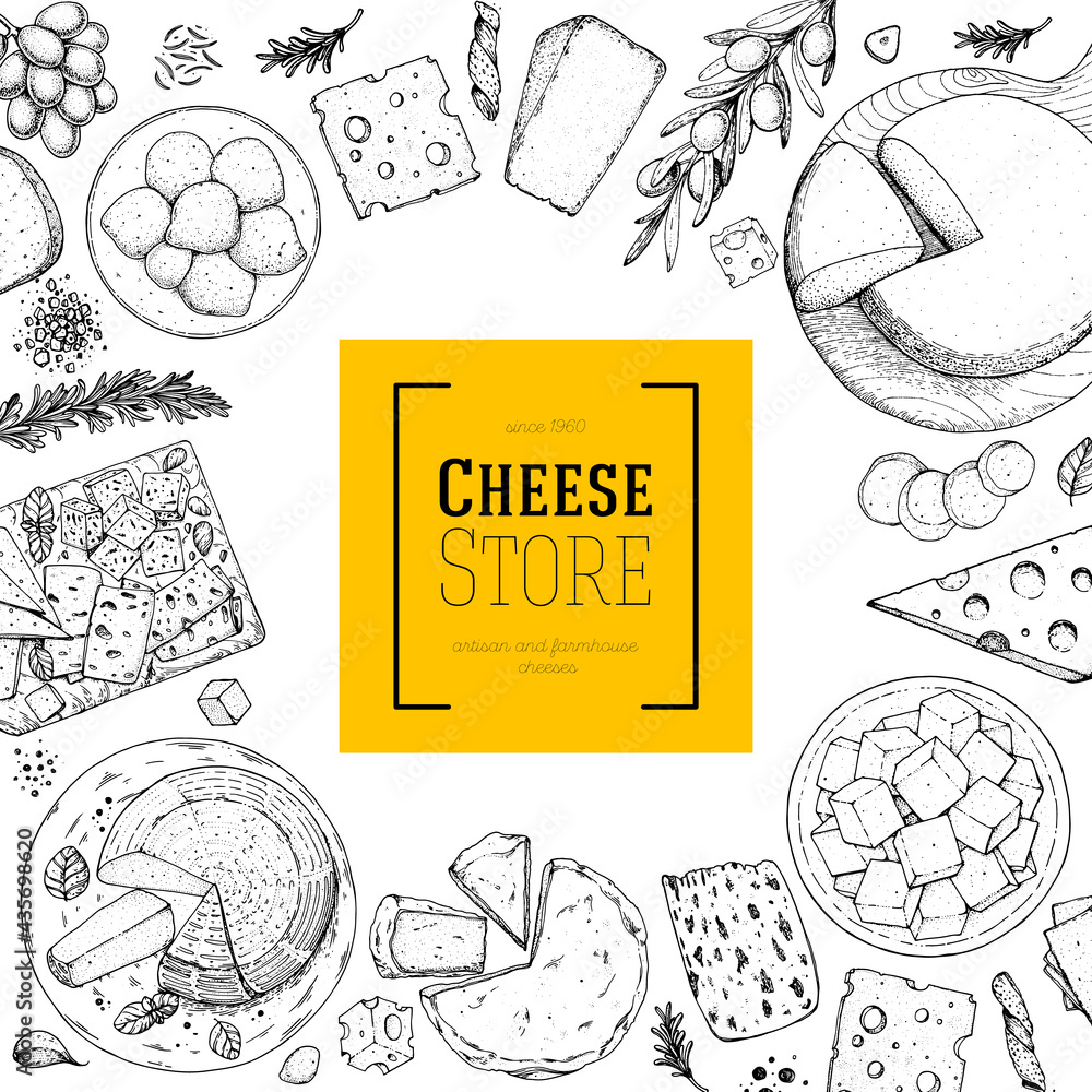 Fototapeta premium Cheese design template. Hand drawn sketch. Retro food background. Different cheese kinds banner. Dairy farm products cheese.