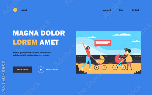 Two new moms walking together. Woman with strollers meeting and waving hello flat vector illustration. Motherhood, childcare, friendship concept for banner, website design or landing web page