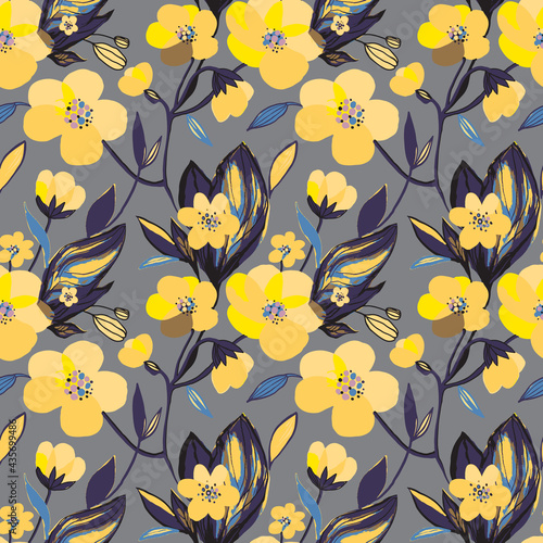 Wallpaper Mural Hand drawn yellow blooming flowers seamless pattern. Botanical floral and leaves background. Vector print, texture on light grey background. Torontodigital.ca