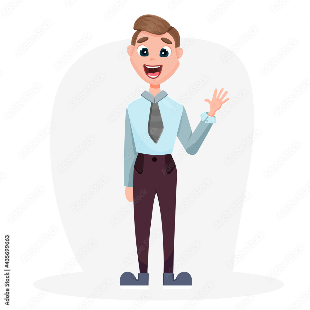 A man greets someone. The man waves his hand. A man greets someone. The man waves his hand.