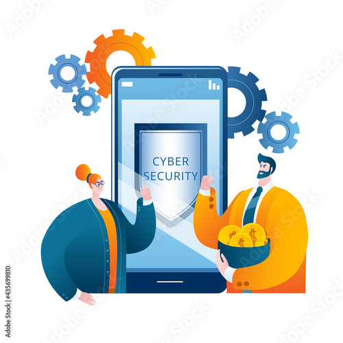 Characters in business clothes stand next to a smartphone with a shield on the screen. Vector illustration on the topic of cybersecurity.