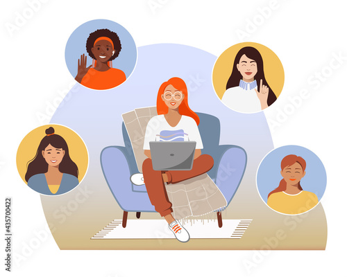Video conference. Women communicate by video conferencing. Girls chat. Girlfriends party. Work from home. Vector illustration.
