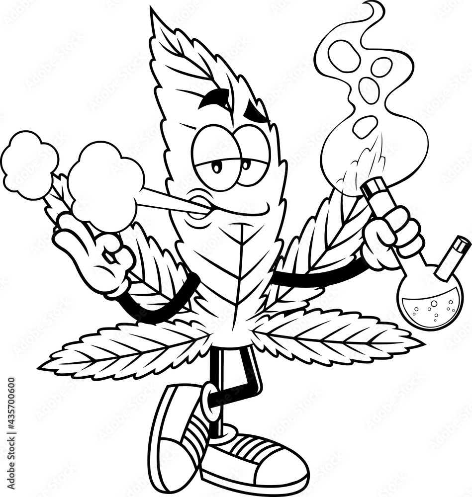 Outlined Funny Marijuana Leaf Cartoon Character Smoking A Bong. Vector