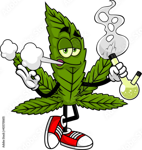 Funny Marijuana Leaf Cartoon Character Smoking A Bong. Vector Hand Drawn Illustration Isolated On Transparent Background
