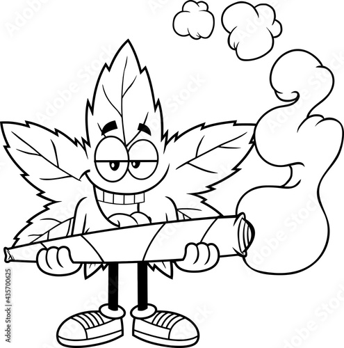 Outlined Crazy Marijuana Leaf Cartoon Character Holding A Big Joint. Vector Hand Drawn Illustration Isolated On Transparent Background