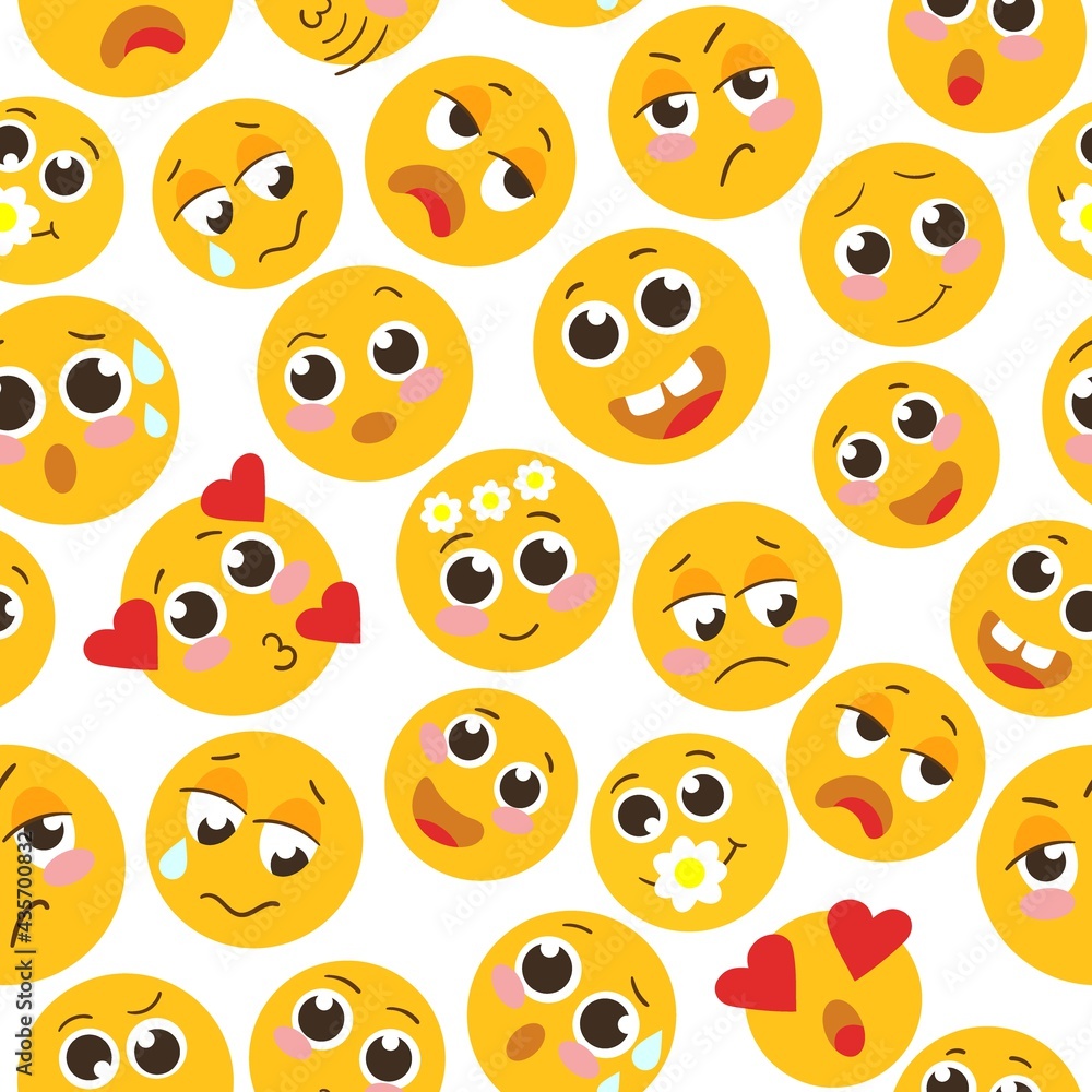 Seamless pattern with the image of various emojis. Design for paper, textile and decor. Vector illustration. Seamless pattern with the image of various emojis. Design for paper, textile and decor. Vector illustration.