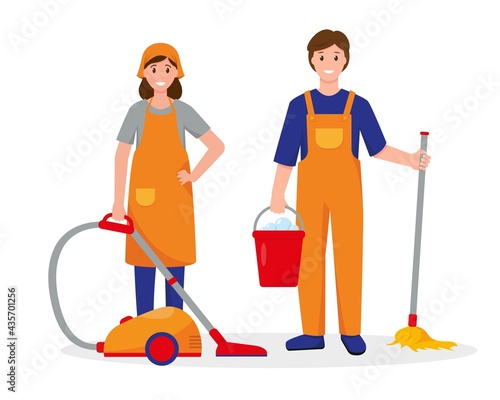 Cleaning service workers characters with tools isolated
