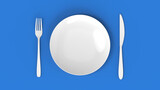 Top view of plate, fork and knive on blue background. The image is in the style of minimalism.3D rendering of a set of cookware