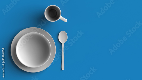 Top view of plate, cup and spoon on blue background. The image is in the style of minimalism.3D rendering of a set of cookware