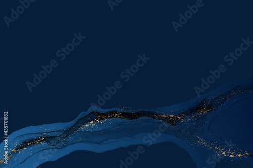Modern watercolor background or elegant card design for birthday invite or wedding or menu with abstract navy blue ink waves and golden splashes.