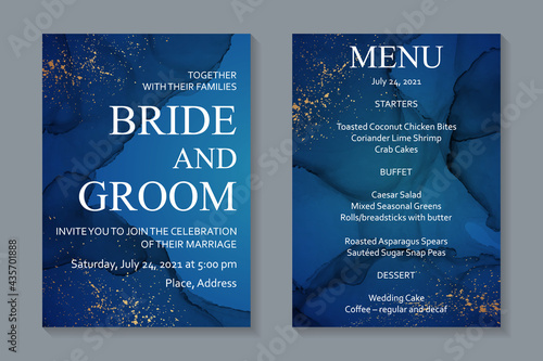 Modern watercolor background or elegant card design for birthday invite or wedding or menu with abstract navy blue ink waves and golden splashes.