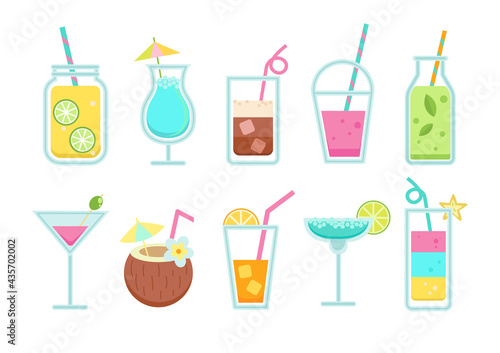 Set of non-alcoholic and alcoholic drinks in simple flat style. Summer Lemonade and soda, coffee, smoothie, juice, shake, detox and so .Vector illustration for web,design, print isolated on white.