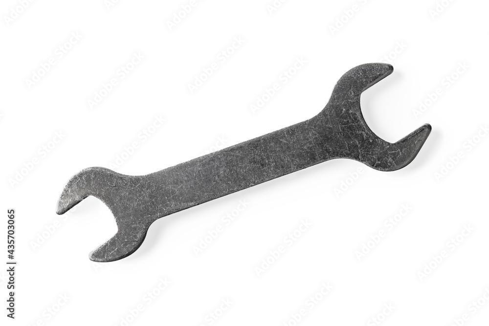 Flat bicycle wrench isolated on white background. Metal open end spanner macro. Vintage scratched tool for repair and service equipment. Design element. Flat bicycle wrench isolated on white background. Metal open end spanner macro. Vintage scratched tool for repair and service equipment. Design element.