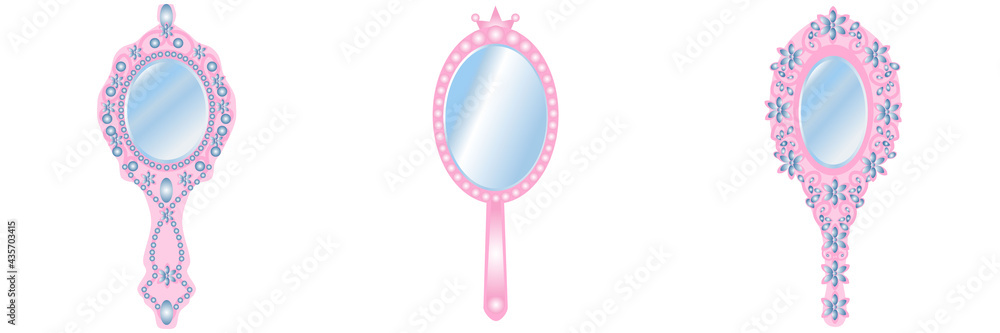© Nataliia Kheilo - vector illustration of three magic hand mirrors of the princess in different styles in pink and blue tones